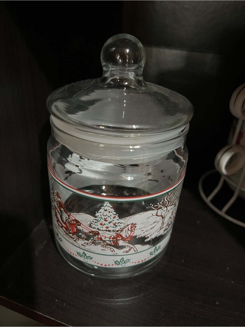 Vintage Holiday  Cookie Jar with Lid - Clear with Red & Green Print